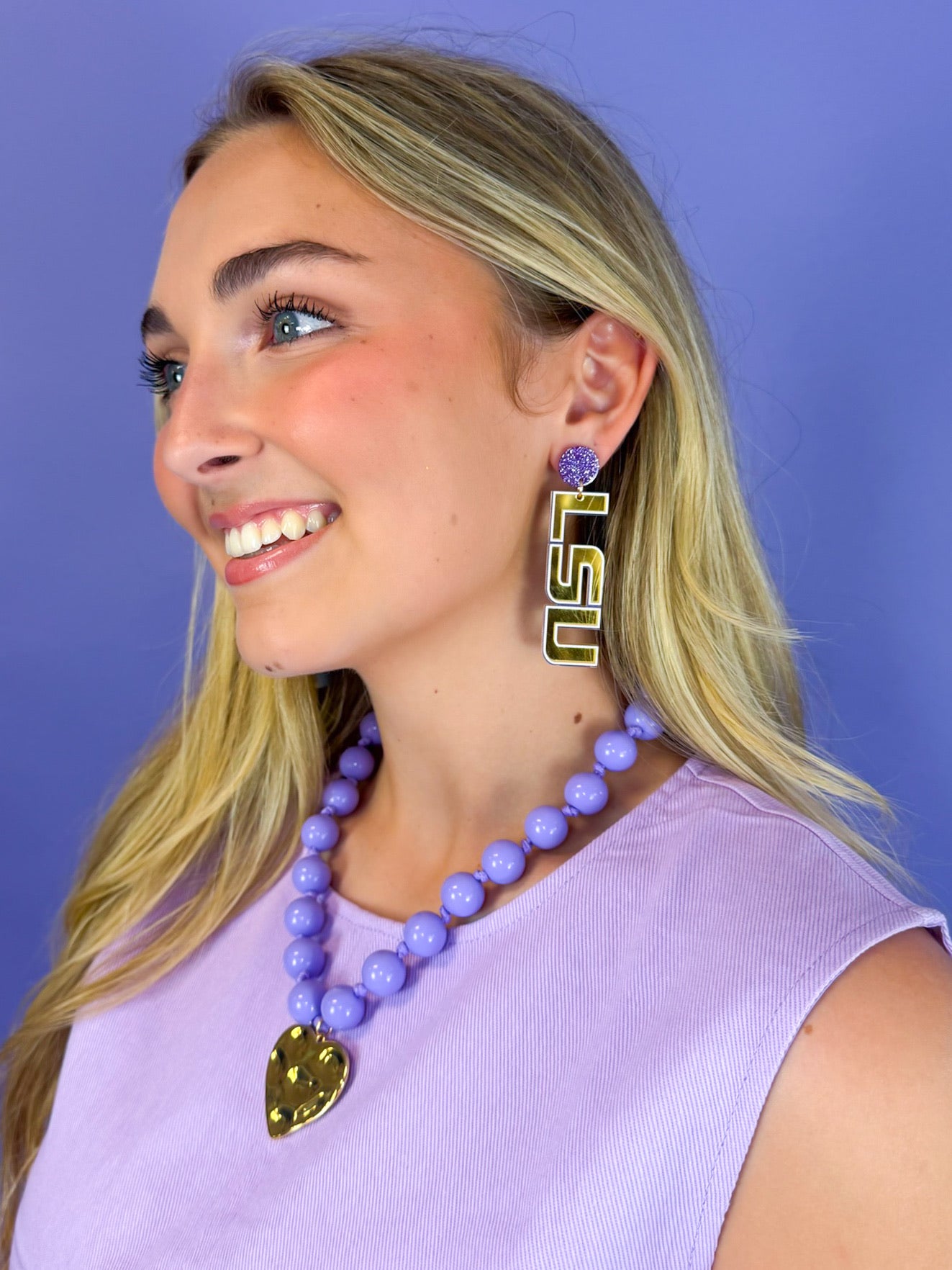 LSU Gold Mirror Drop Earring - Purple Glitter Post