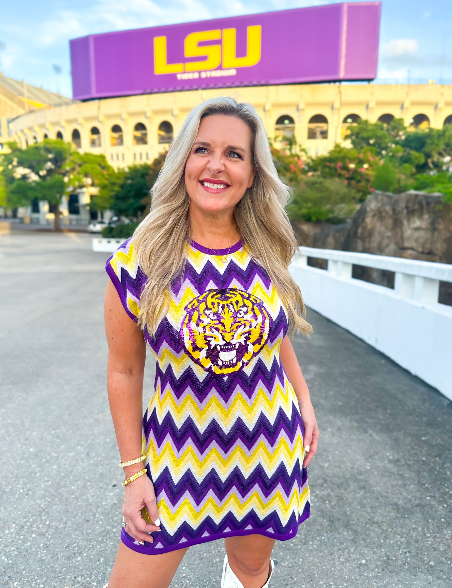 QOS Licensed LSU Zig Zag Mascot Knit Short Sleeve Dress