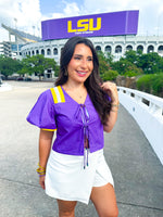 QOS Licensed Purple LSU Cotton Tie Front Jersey Top