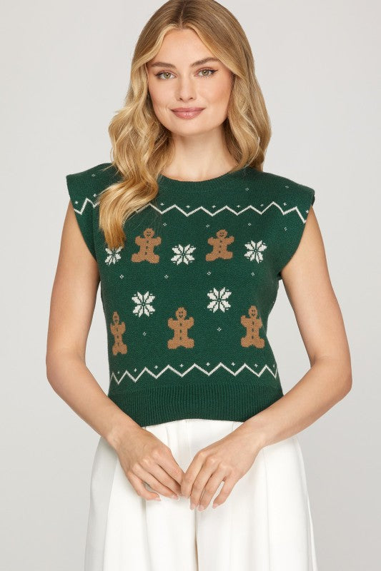 Gingerbread Snow Sweater Vest Green