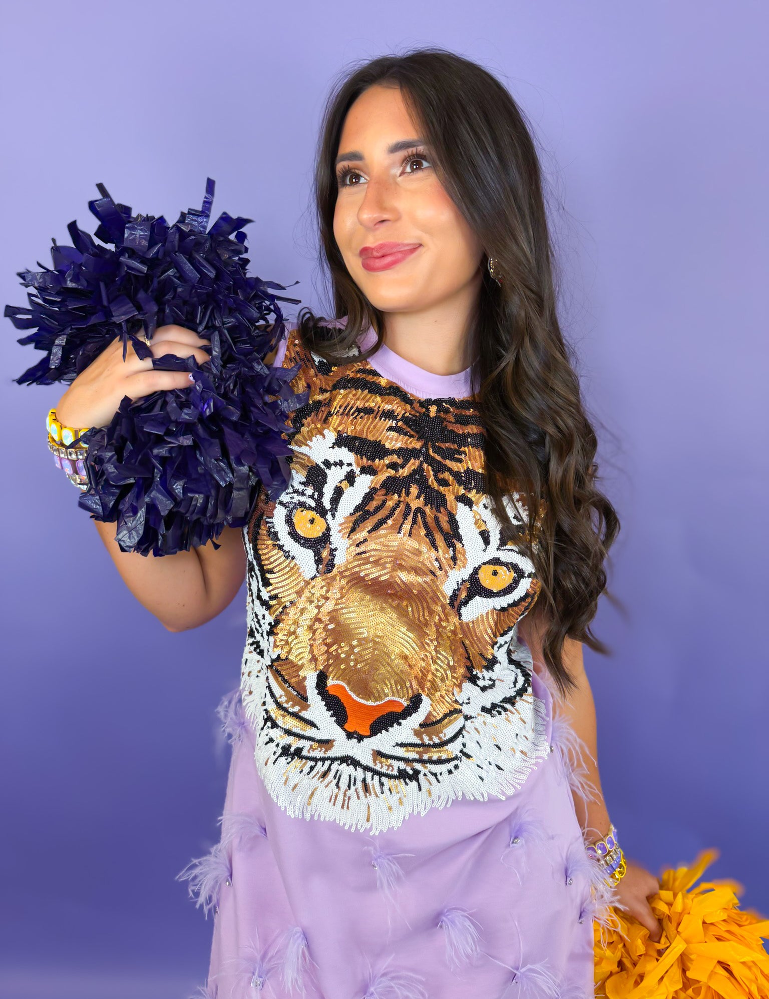 QOS Lavender Sequin Tiger Face Rhinestone Feather Tank Dress