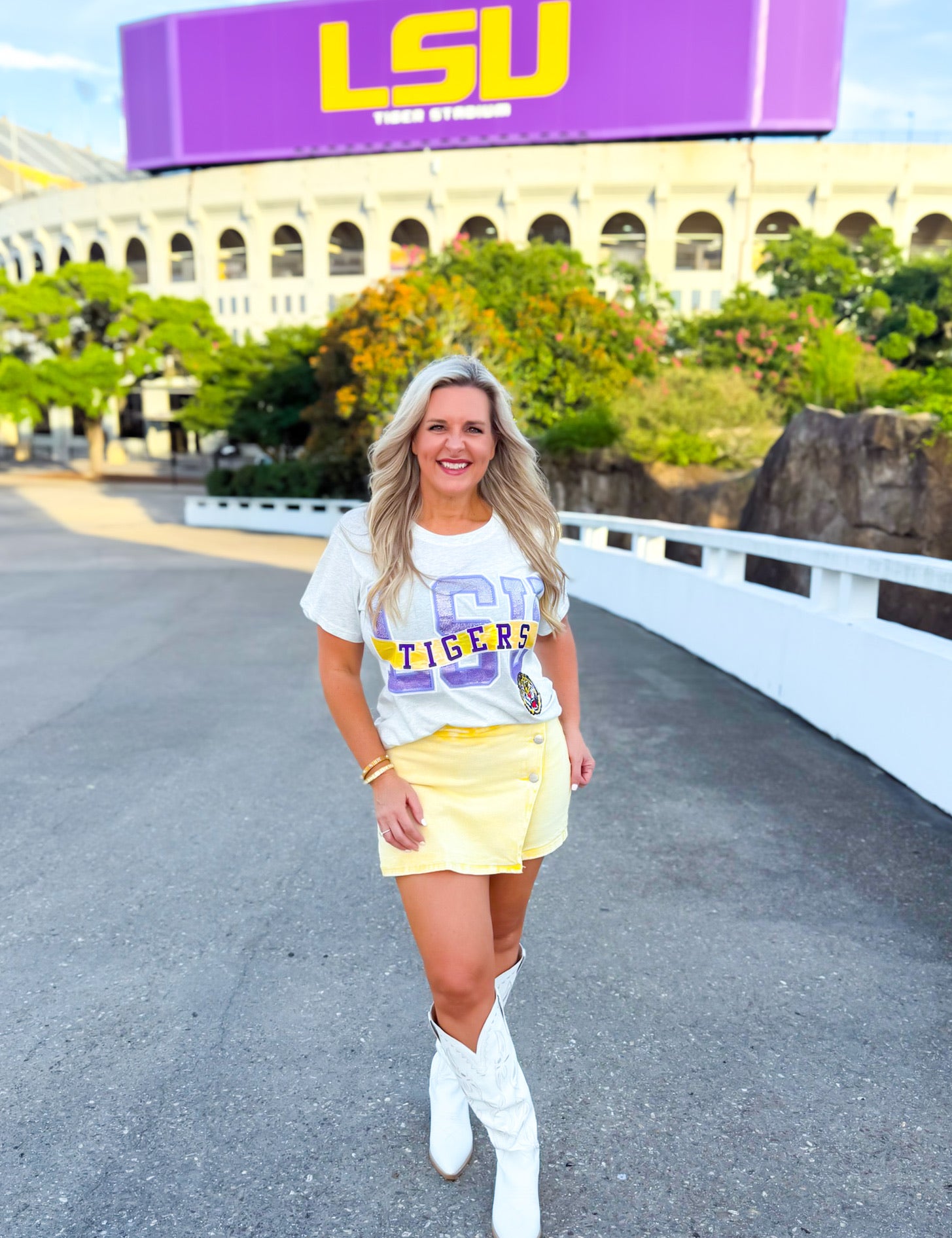 QOS Licensed LSU Rhinestone Metallic Banner Tee