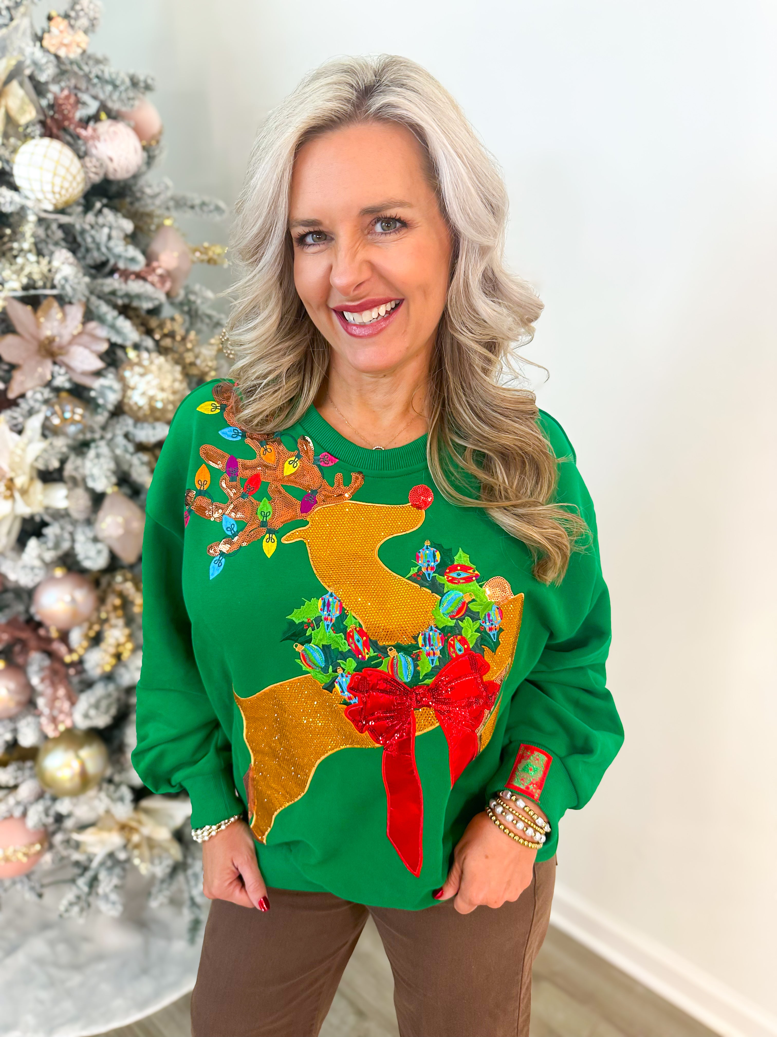 QOS Green Rhinestone Rudolph Wearing A Wreath Sweatshirt