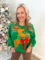 QOS Green Rhinestone Rudolph Wearing A Wreath Sweatshirt