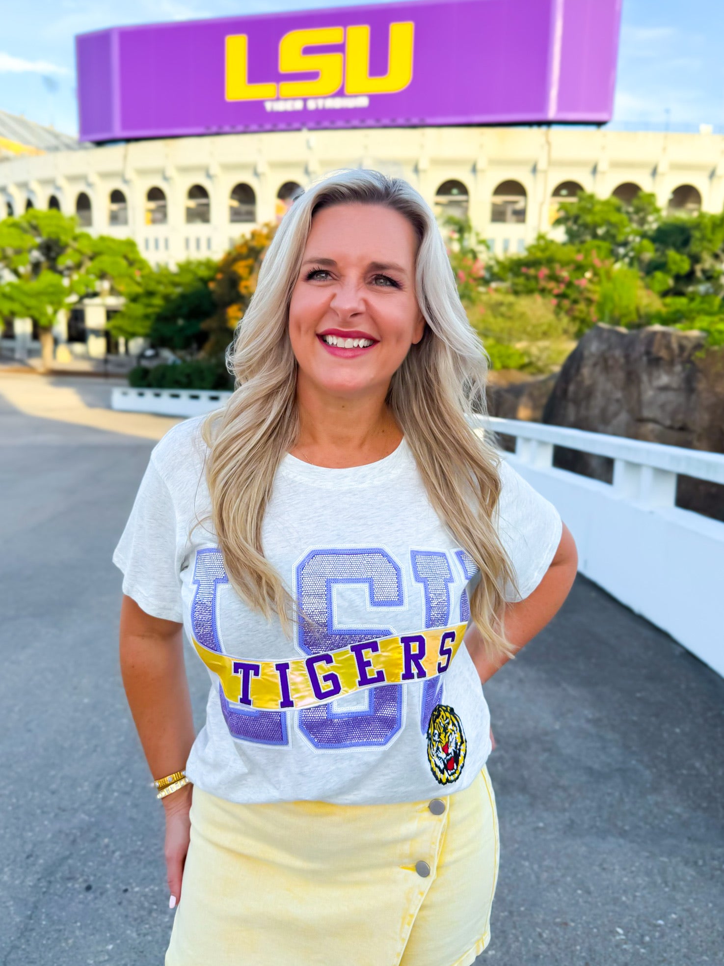 QOS Licensed LSU Rhinestone Metallic Banner Tee