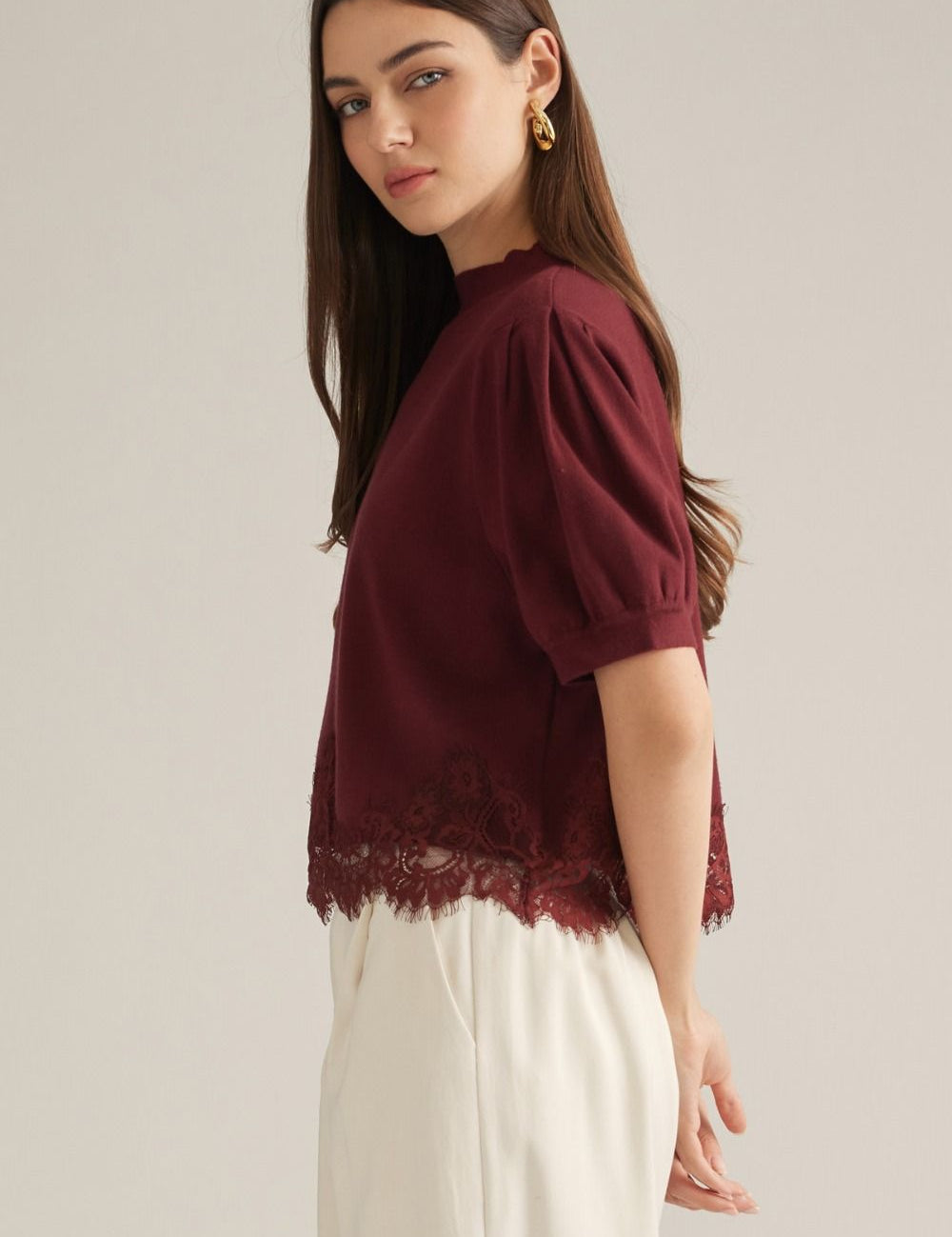 Gracefully Lace Puff Sleeve Top - Burgundy