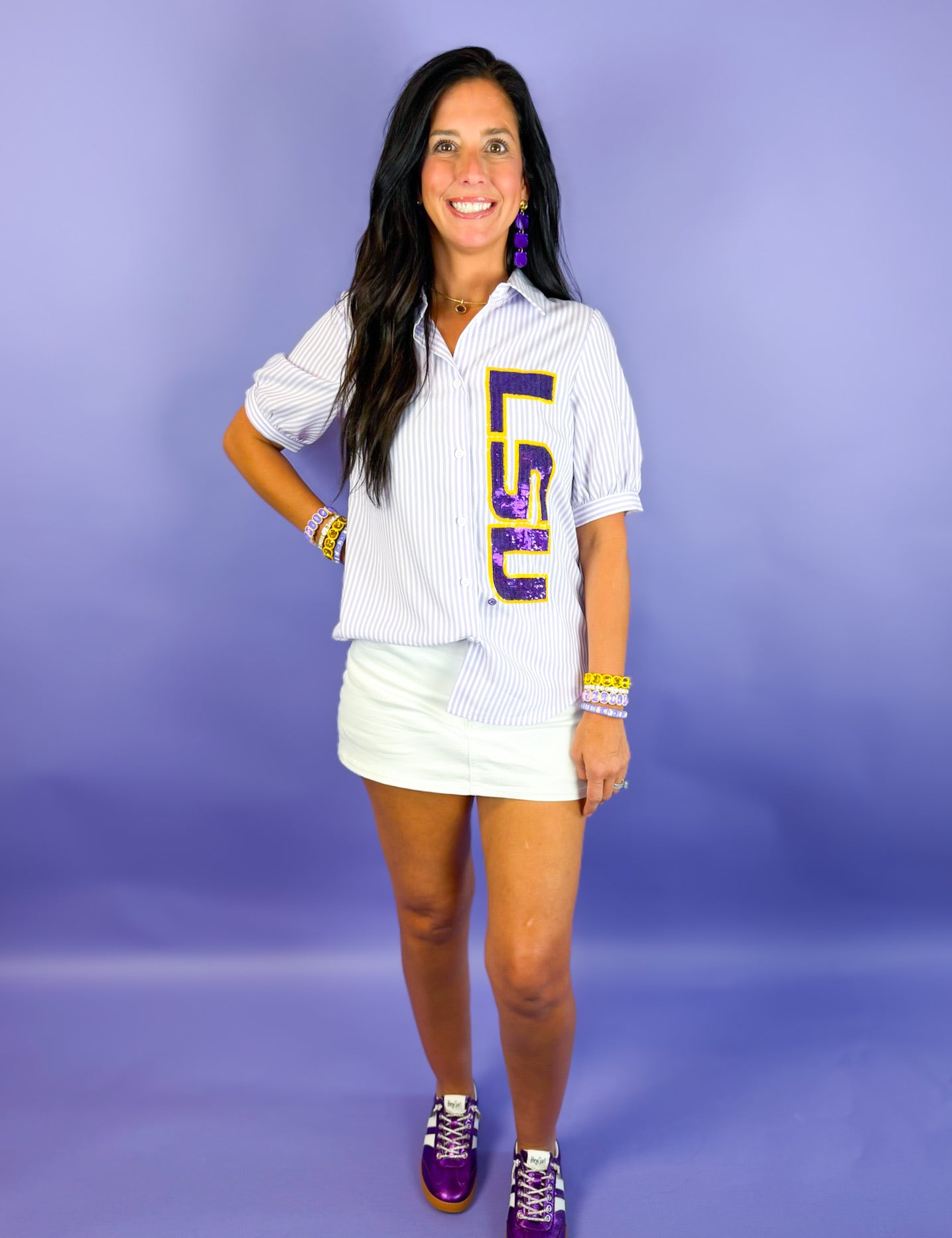 Licensed LSU Vertical Logo Sequin Design Button Down Top