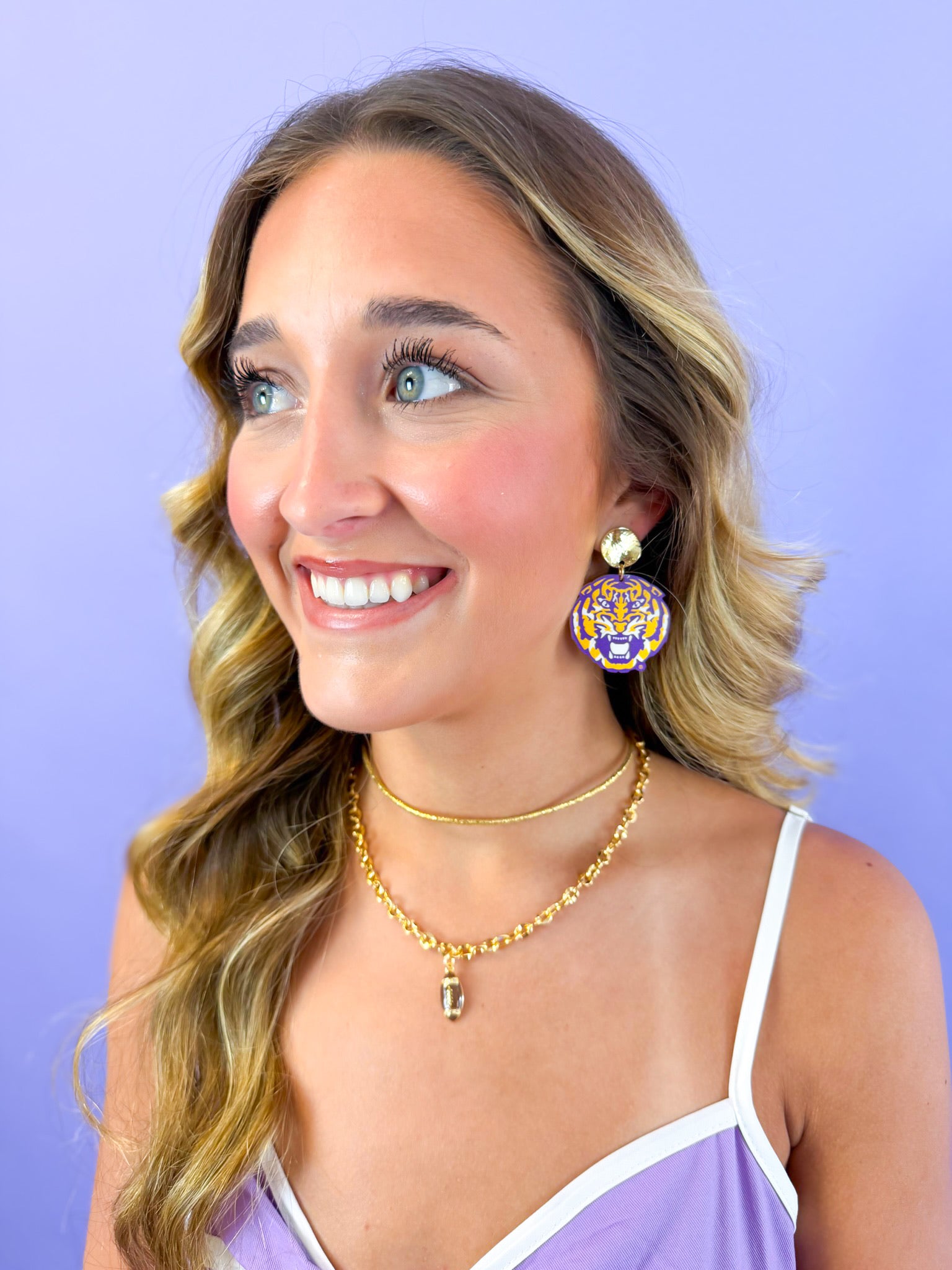 LSU Roaring Tiger Head Earring - Purple/Gold