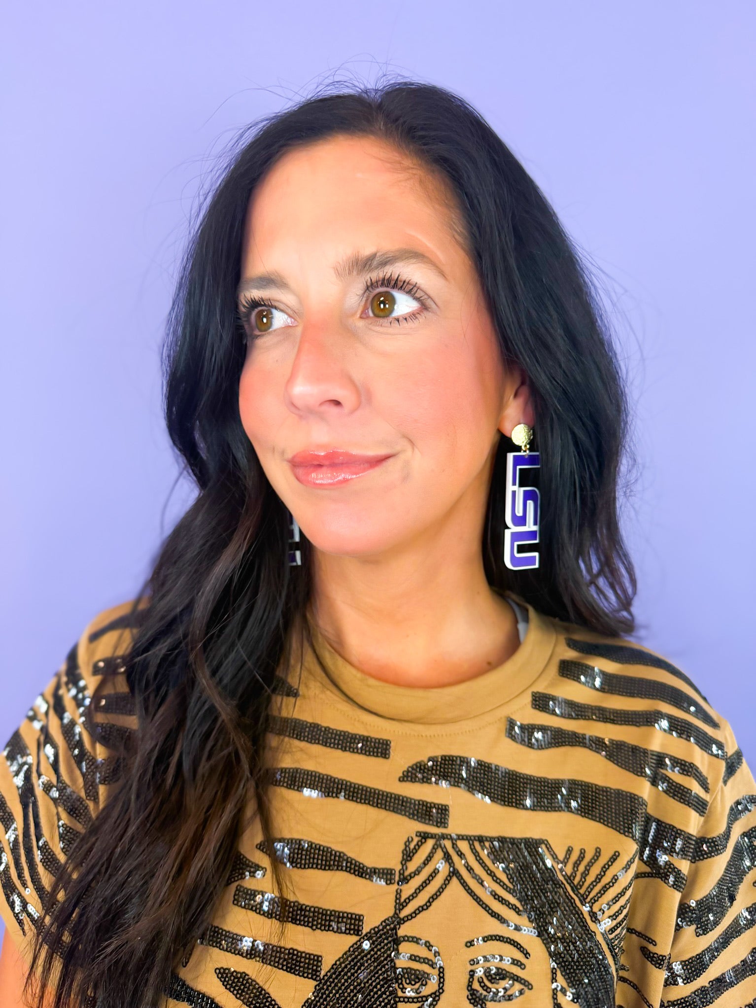 LSU Purple Acrylic Drop Earring - Gold Sequin Post