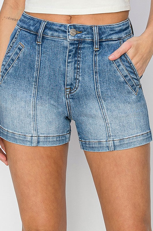 High Rise Front Seam Detail Shorts - Medium Wash