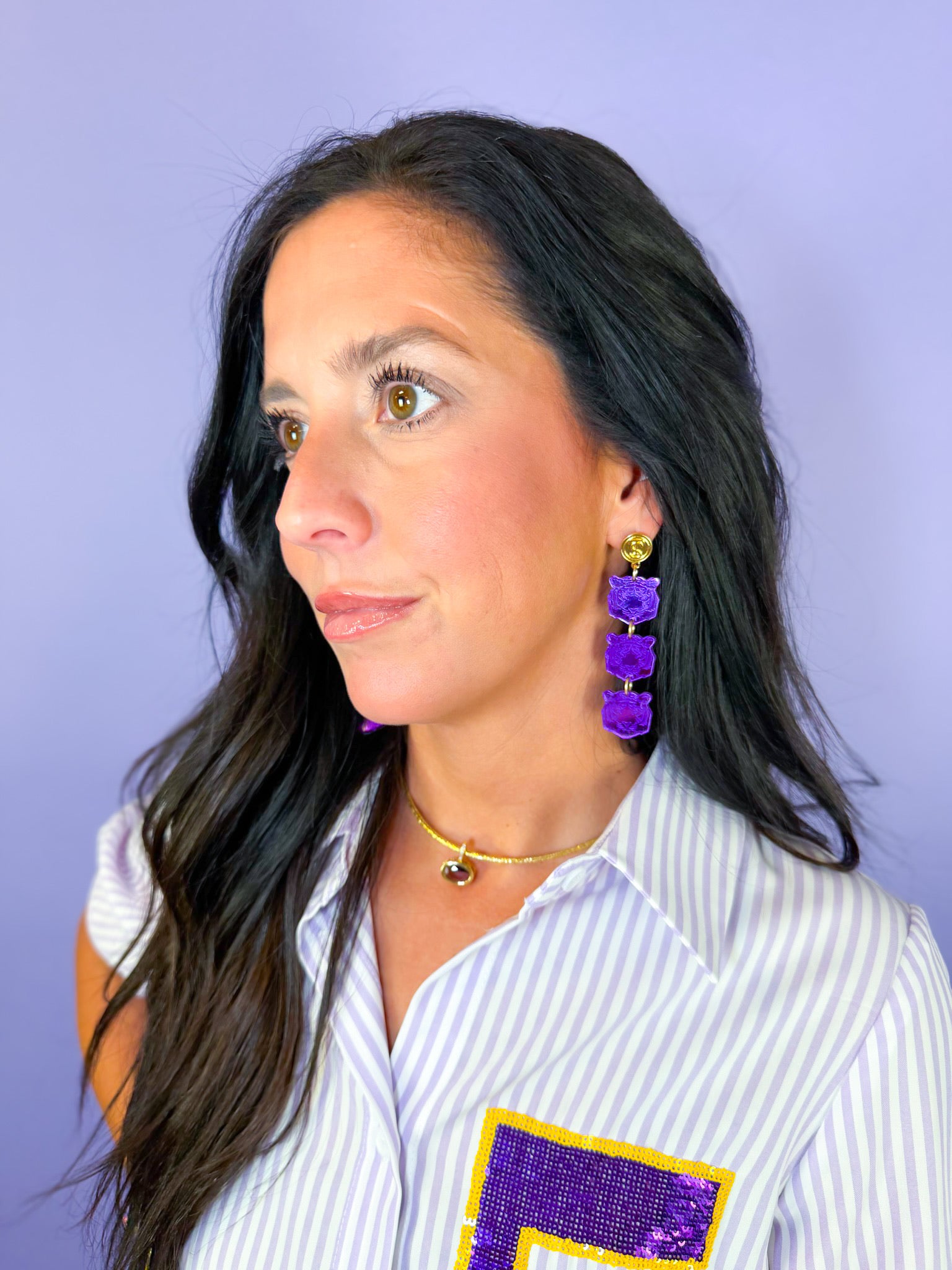 Triple Tiger Head Drops Earring - Purple