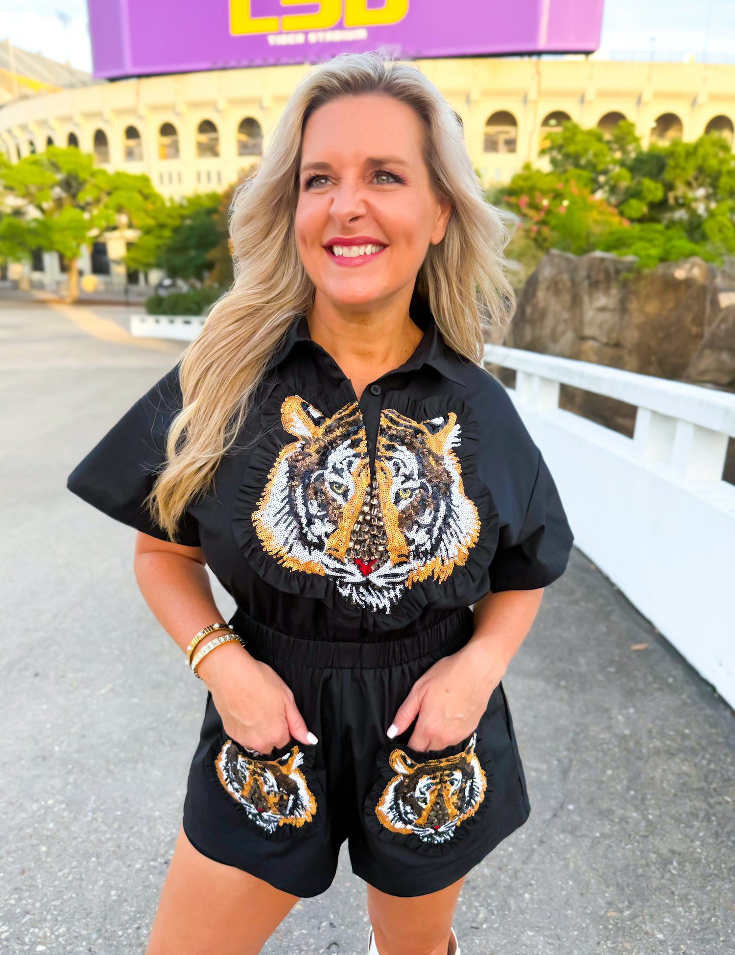 QOS Black Ruffle Tiger Patch Cotton Romper