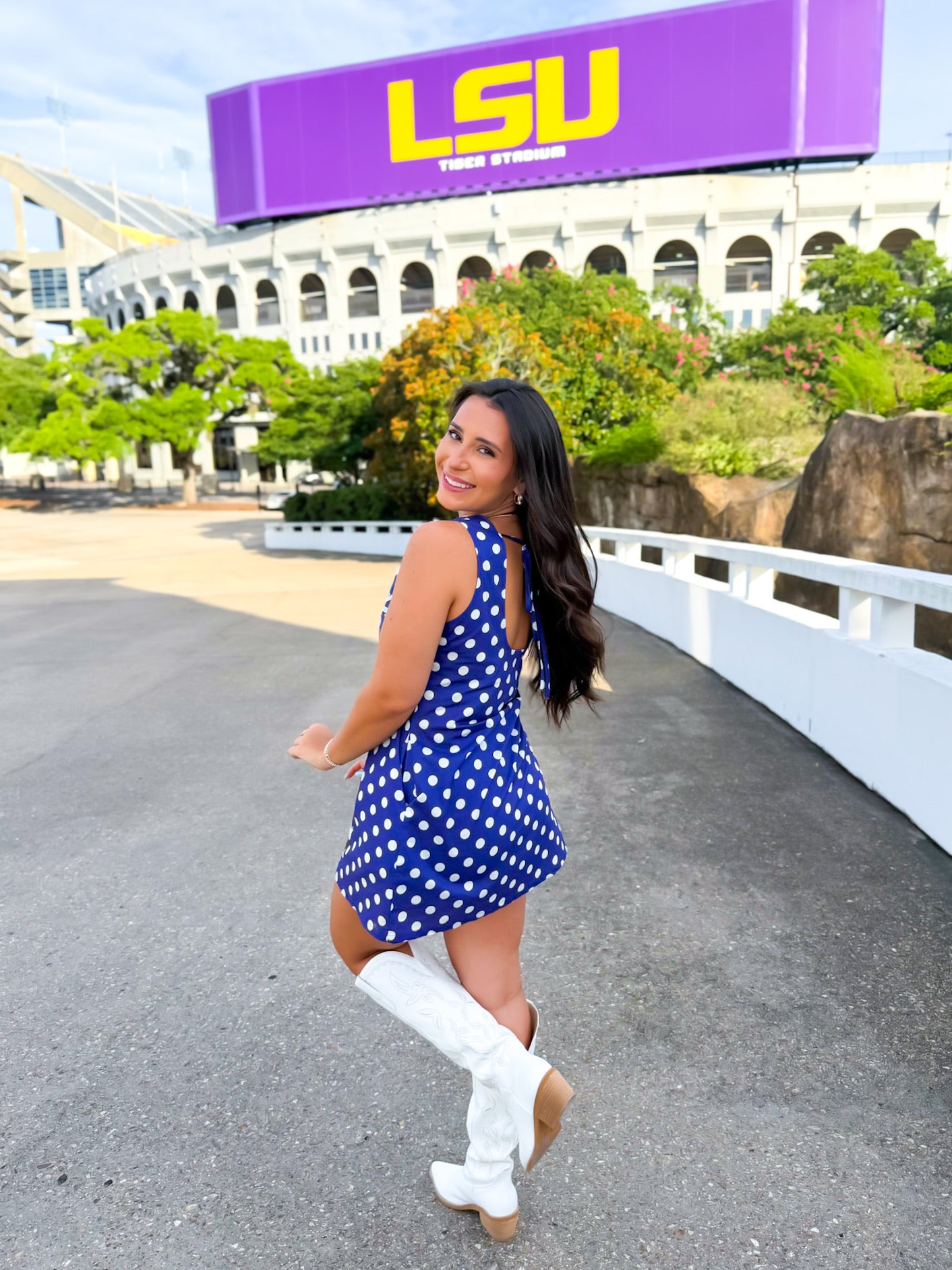 QOS Licensed LSU Football & Helmet Icon Polka Dot Tank Dress – Bayou Belle Boutique