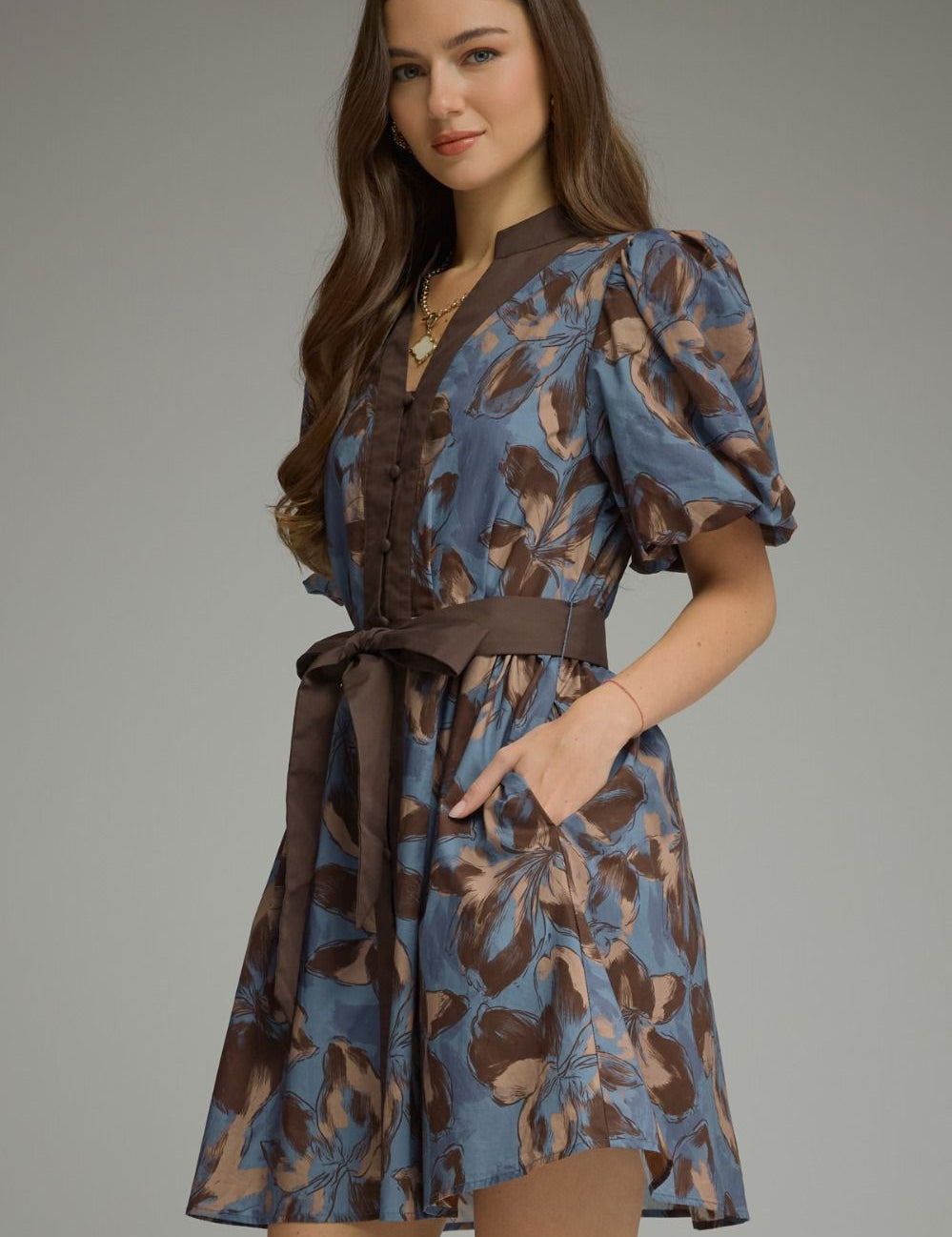 Mocha Blossoms Mini Dress