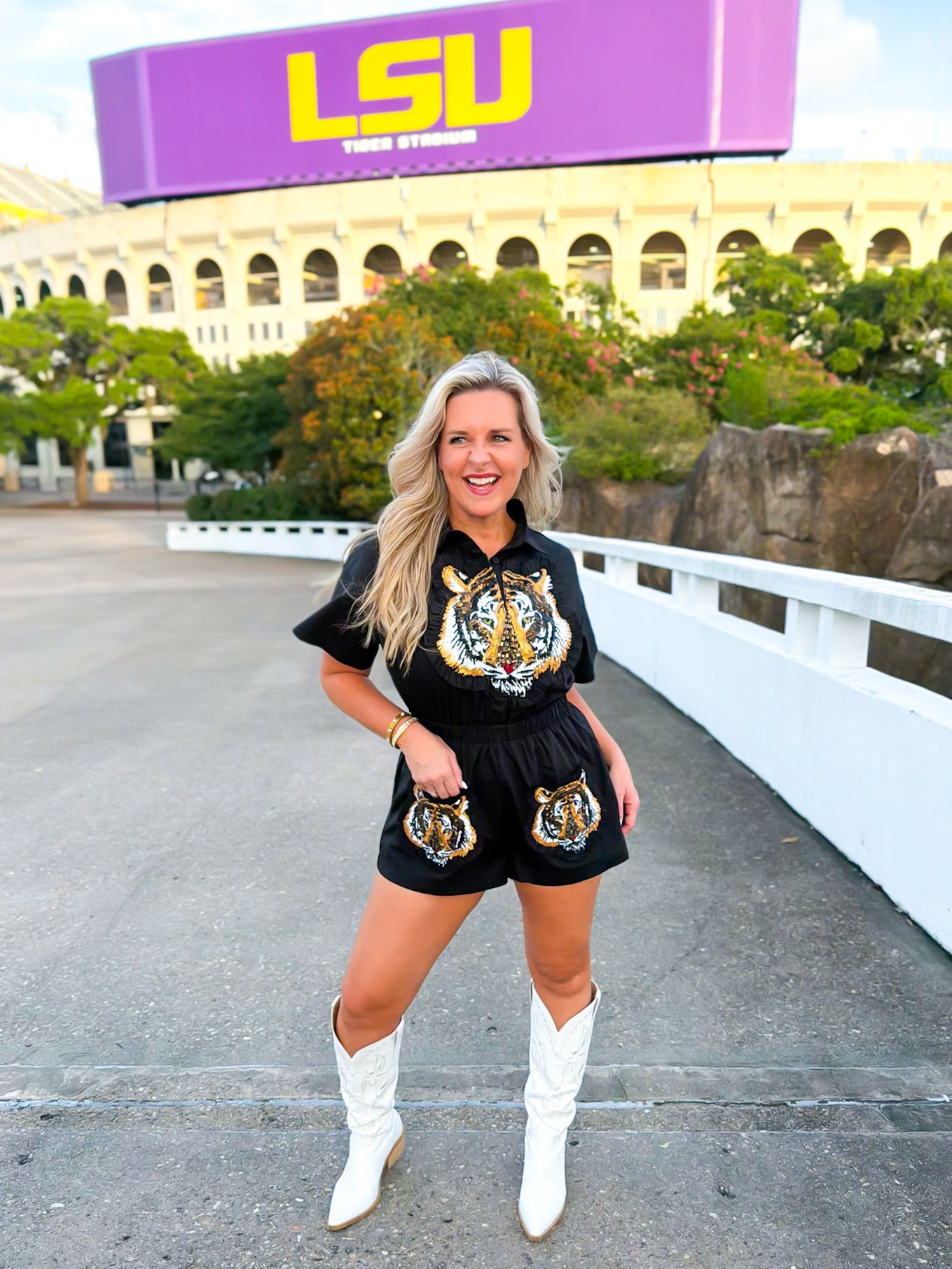 QOS Black Ruffle Tiger Patch Cotton Romper