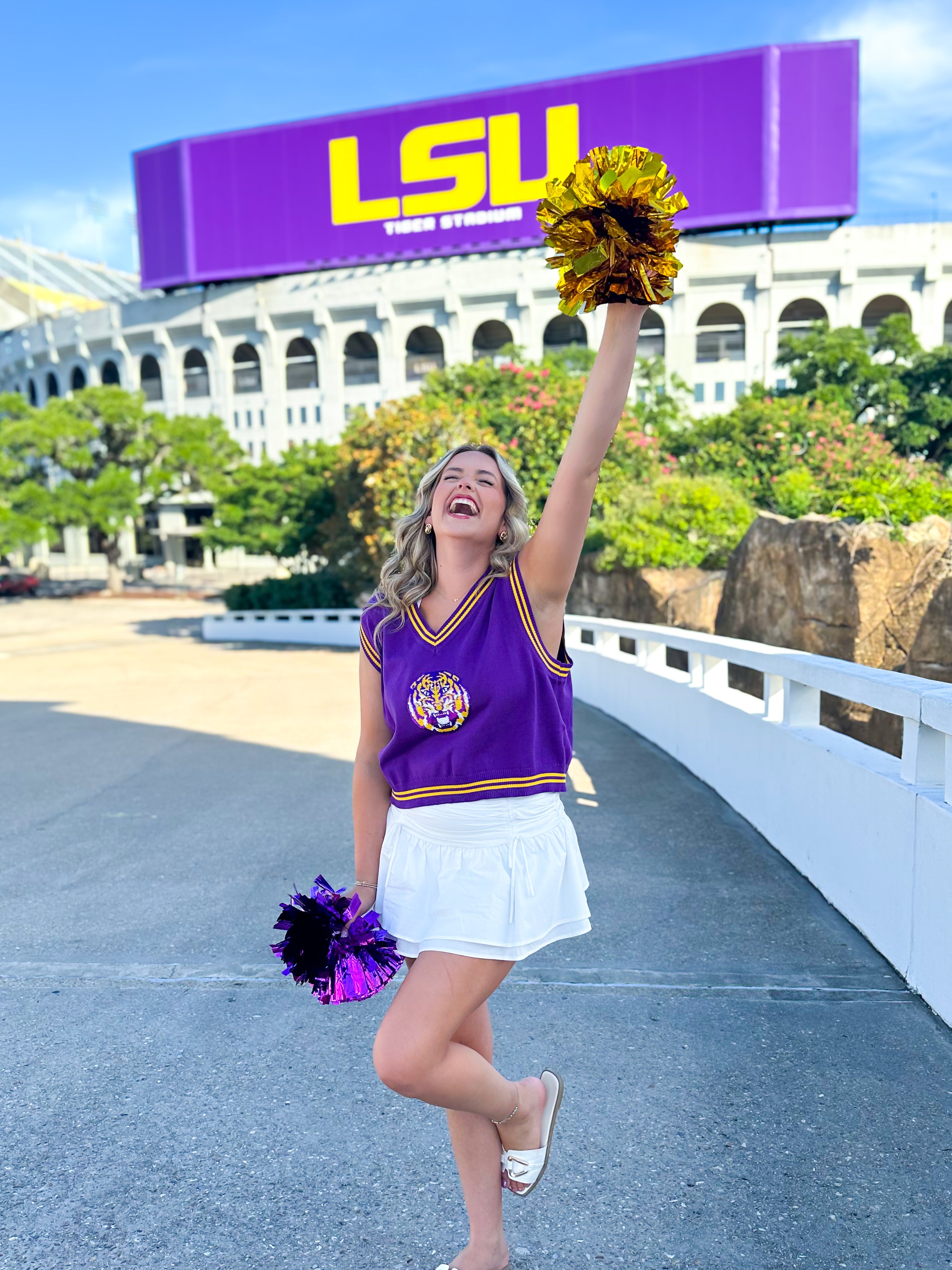 QOS Licensed-LSU V Neck Striped Cuff Sweater Vest