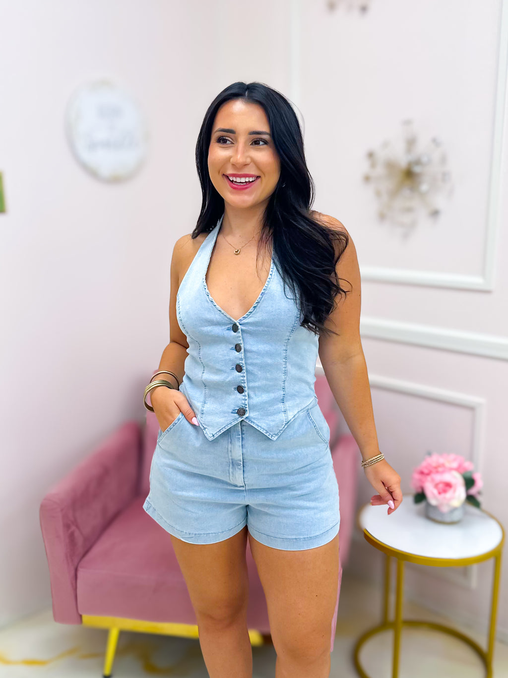 Validate Me Vest Romper Denim
