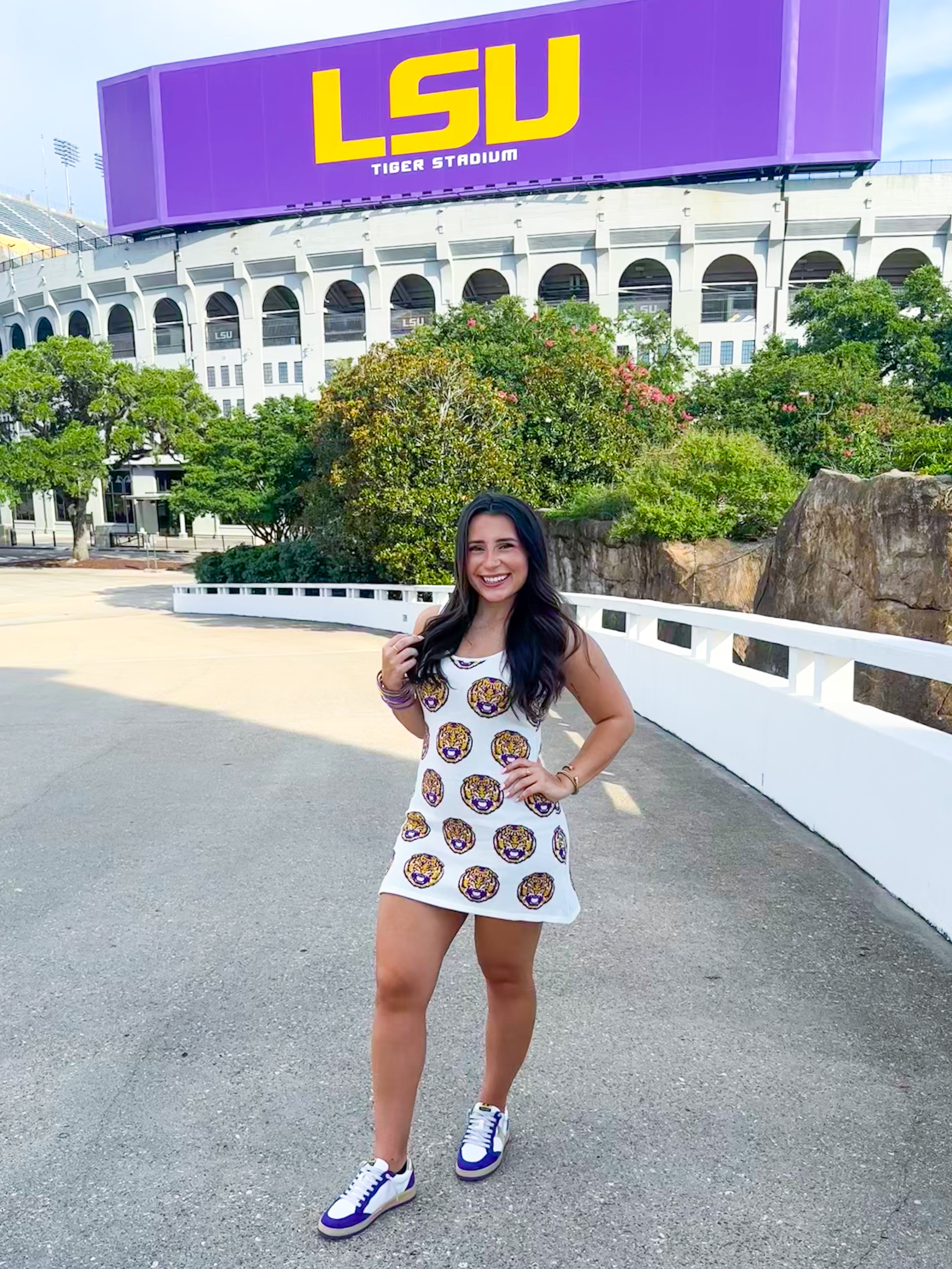 QOS Licensed LSU Knit In Mascot Rhinestone Tank Dress