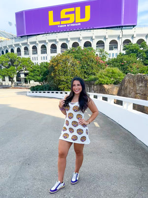 QOS Licensed LSU Knit In Mascot Rhinestone Tank Dress