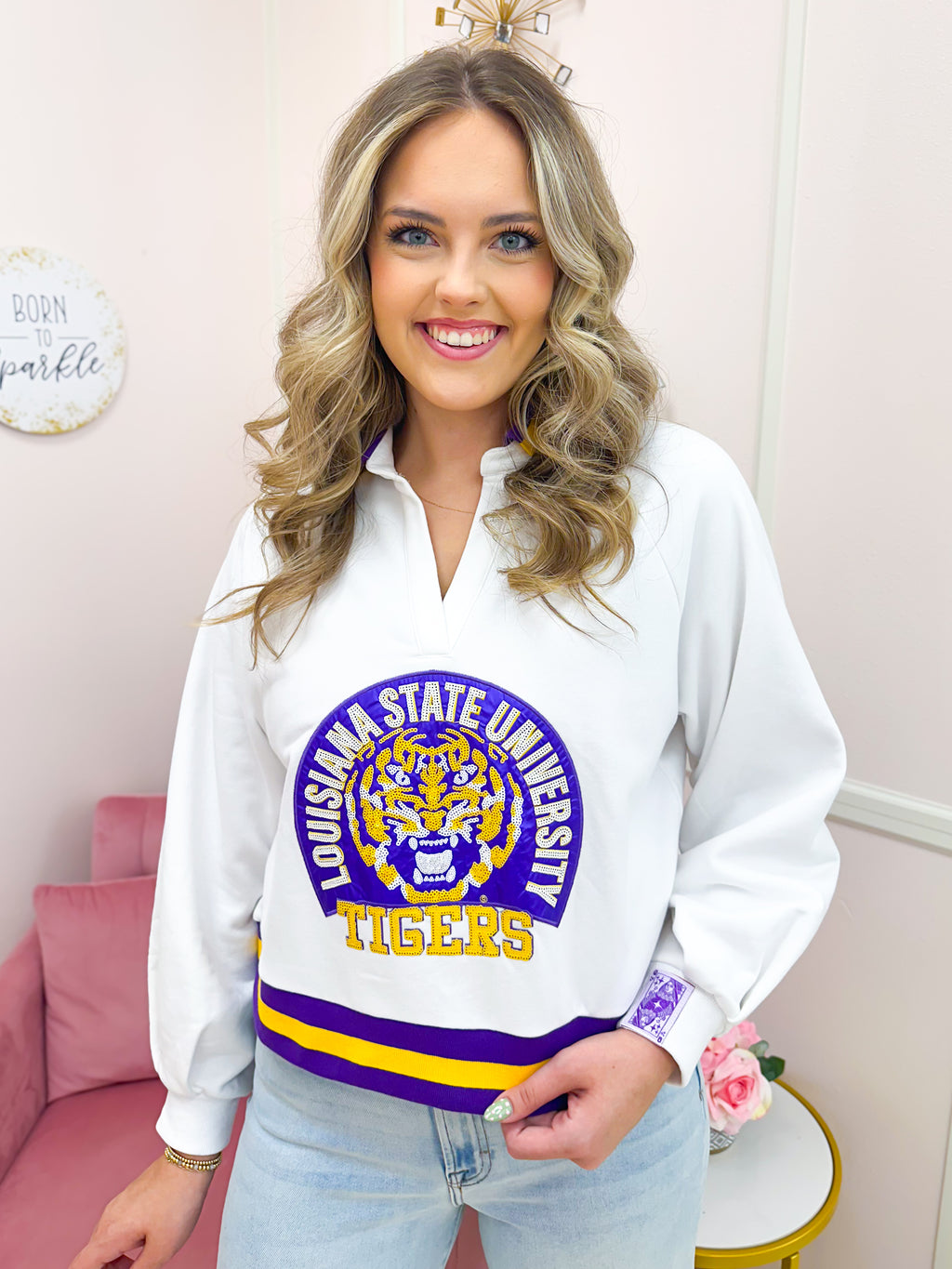 QOS Licensed LSU Striped Collar Circular Mascot Sweatshirt