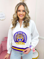 QOS Licensed LSU Striped Collar Circular Mascot Sweatshirt