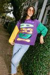 QOS Colorblock Mardi Gras Foil Word Sweatshirt