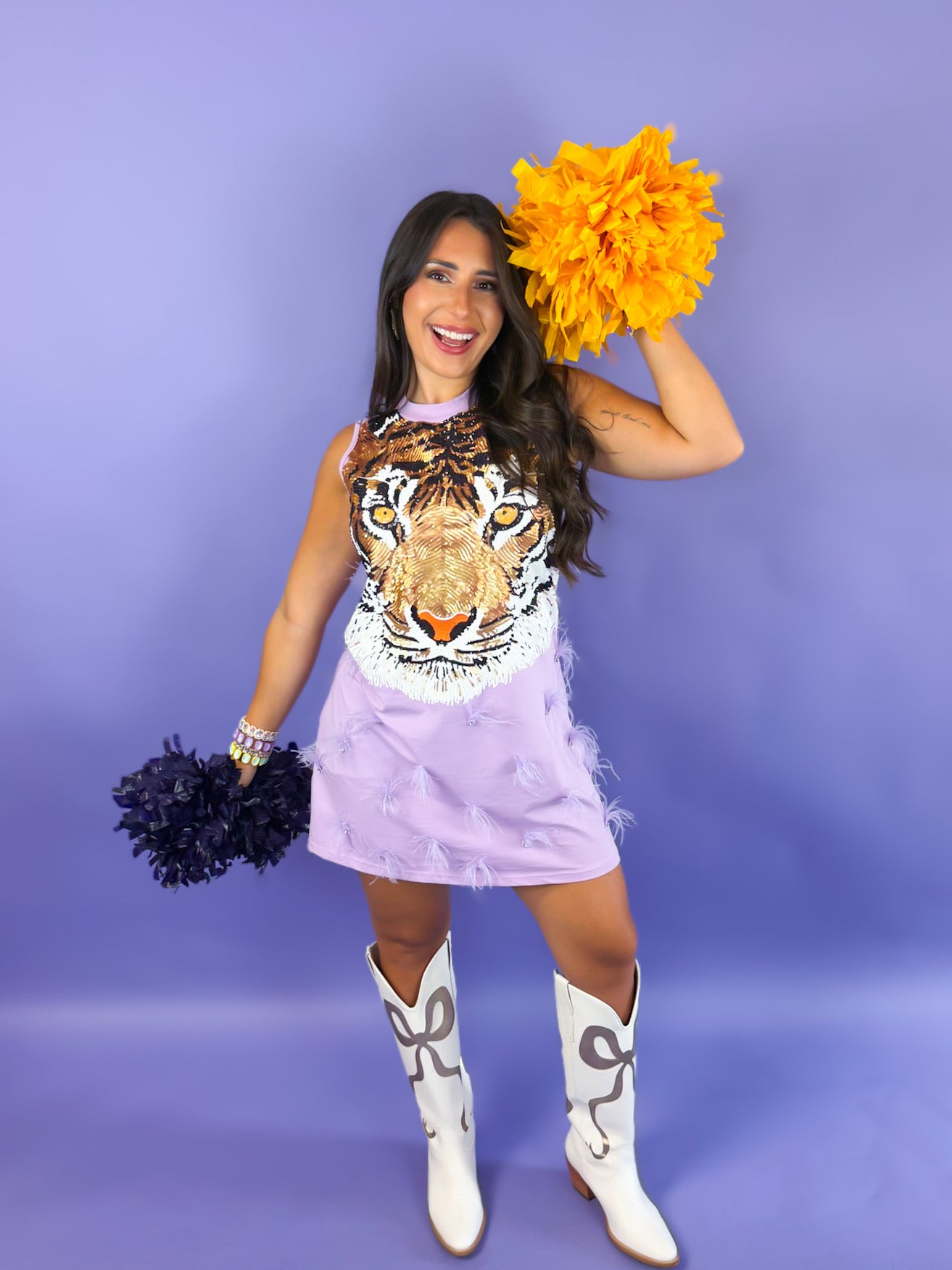 QOS Lavender Sequin Tiger Face Rhinestone Feather Tank Dress