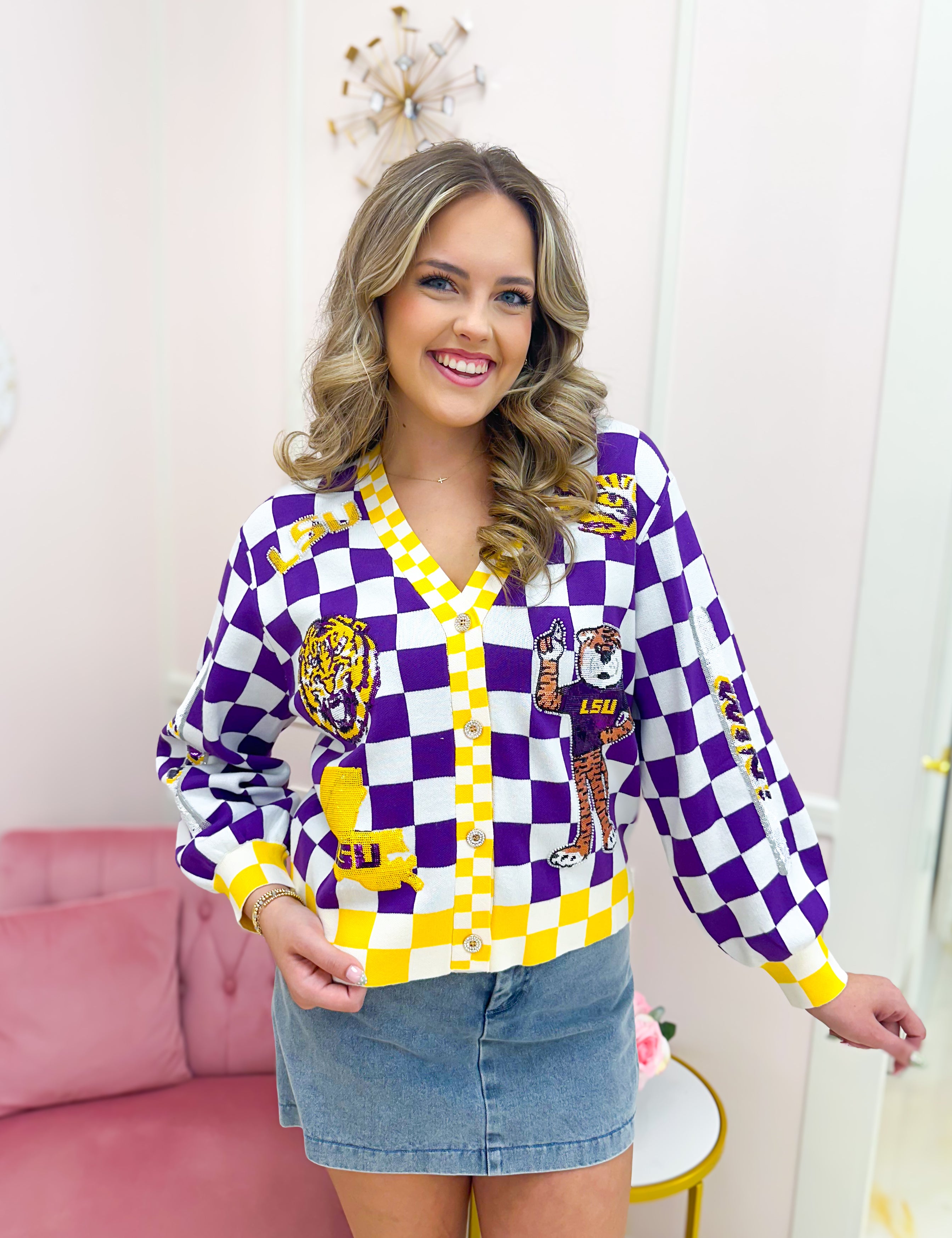 QOS Licensed LSU Checkered Team Icons Cardigan