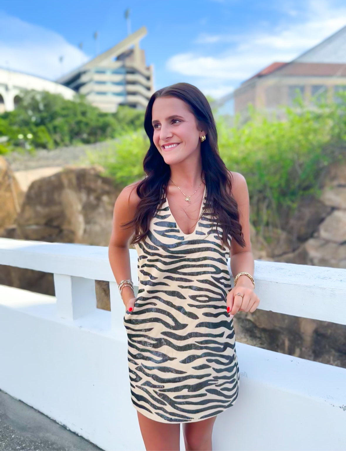QOS Tan With Black Tiger Denim V Dress