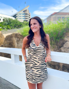 QOS Tan With Black Tiger Denim V Dress