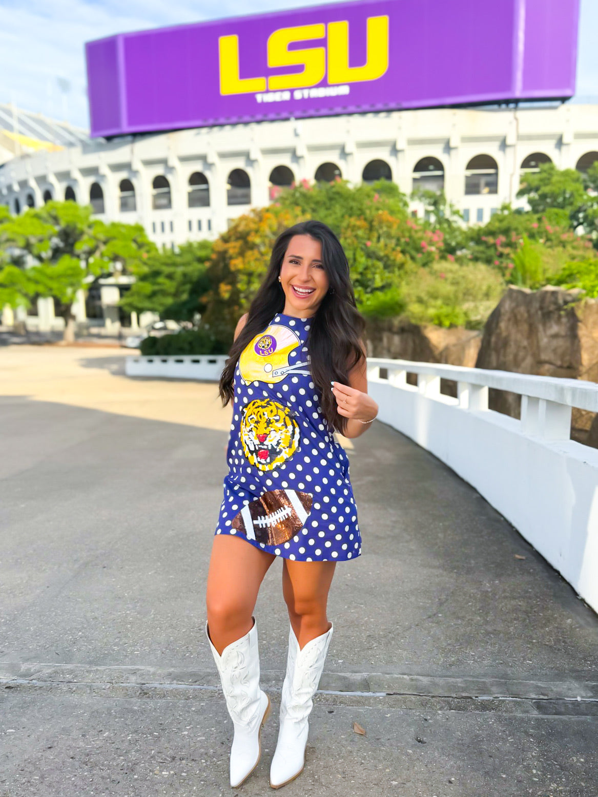 QOS Licensed LSU Football & Helmet Icon Polka Dot Tank Dress