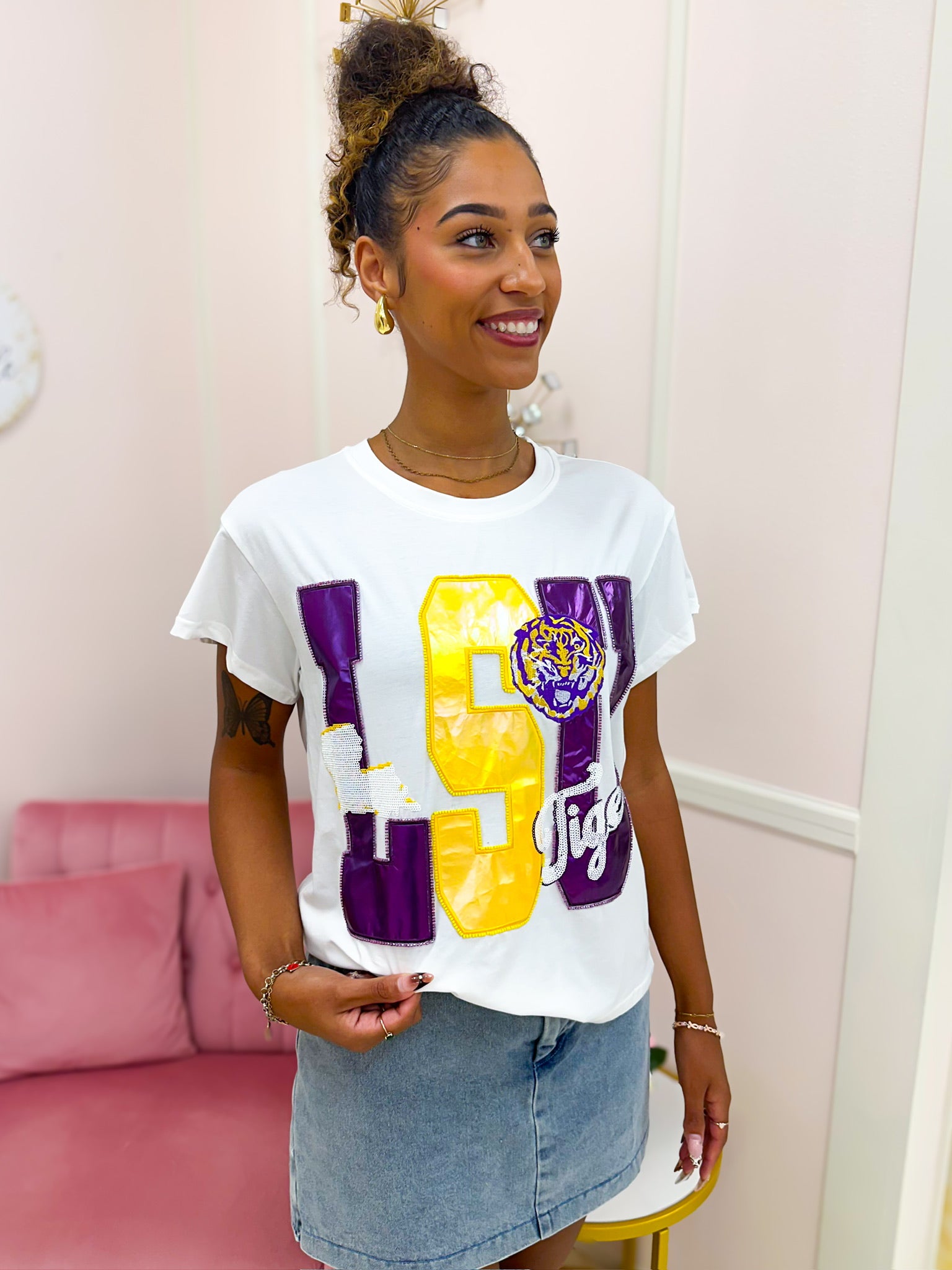 QOS Licensed LSU Metallic Word With Icons Tee