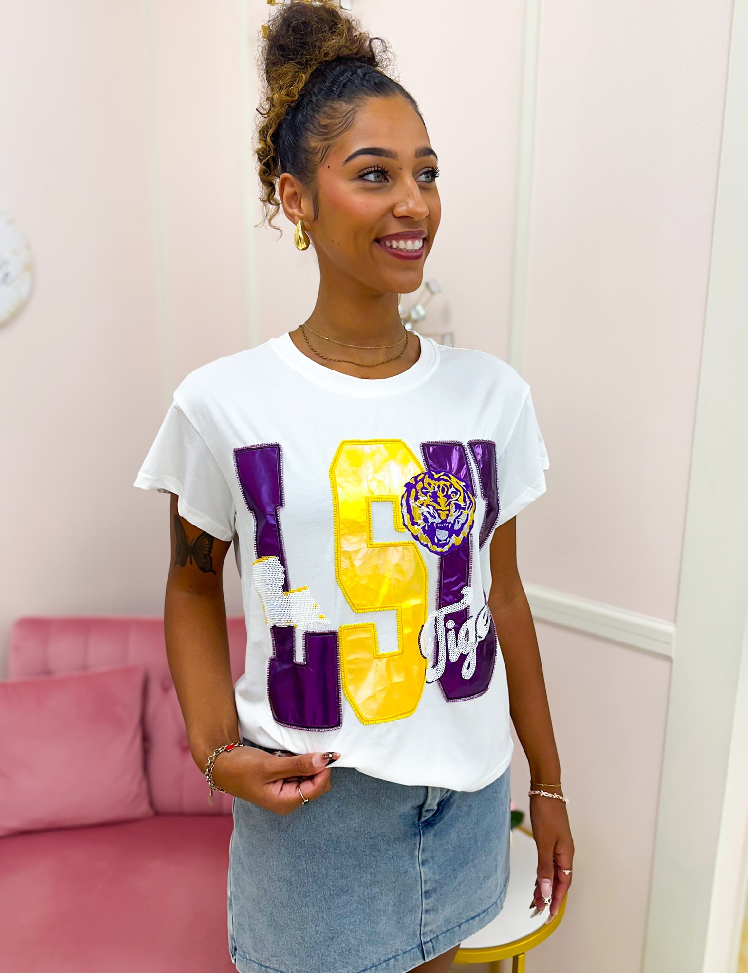 QOS Licensed LSU Metallic Word With Icons Tee