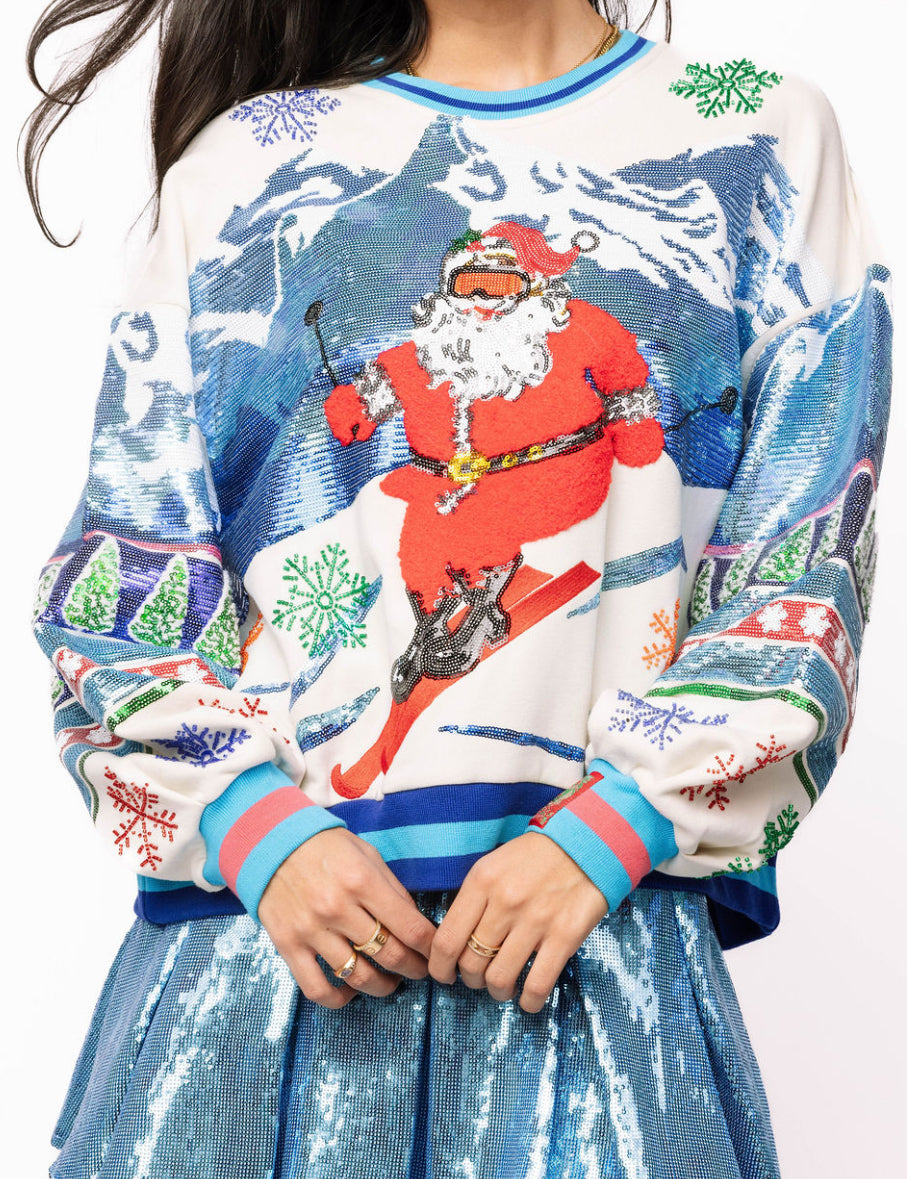 QOS White & Blue Vintage Skiing Santa Sweatshirt