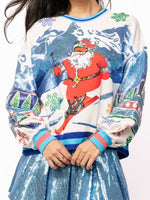 QOS White & Blue Vintage Skiing Santa Sweatshirt