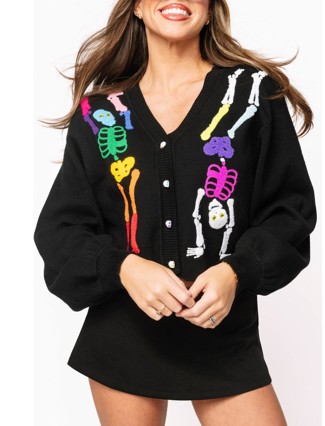 QOS Black Rainbow Skeleton Button Up Cardigan