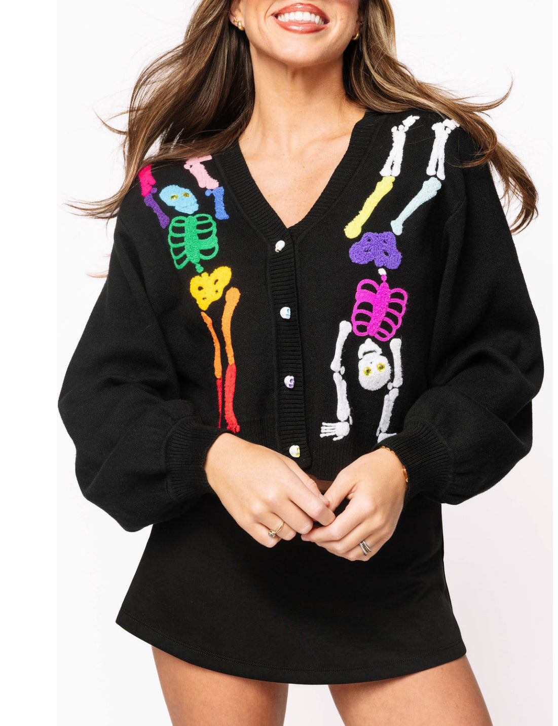 QOS Black Rainbow Skeleton Button Up Cardigan