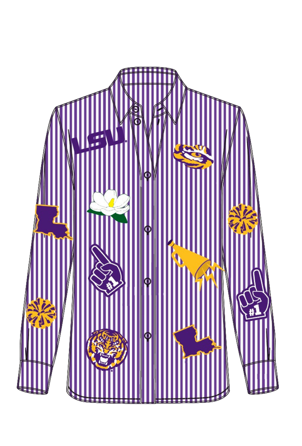 QOS Licensed LSU Mini Icon Striped Button Down Long Sleeve Top