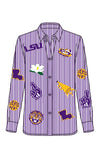 QOS Licensed LSU Mini Icon Striped Button Down Long Sleeve Top