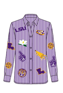 QOS Licensed LSU Mini Icon Striped Button Down Long Sleeve Top