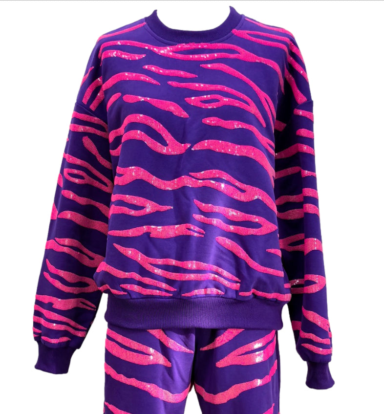 QOS Purple & Neon Pink Tiger Stripe Sweatshirt