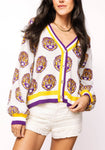 QOS Licensed LSU Knit In Mascot Rhinestone Cardigan