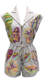 QOS Tan Stripe Multi Shell Tie Collar Romper