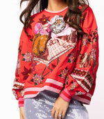 QOS Red & Pink Vintage Poinsettia Santa Sweatshirt
