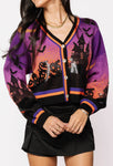 QOS Purple Halloween Scene Cardigan