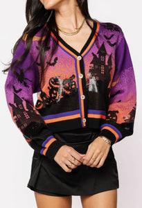 QOS Purple Halloween Scene Cardigan