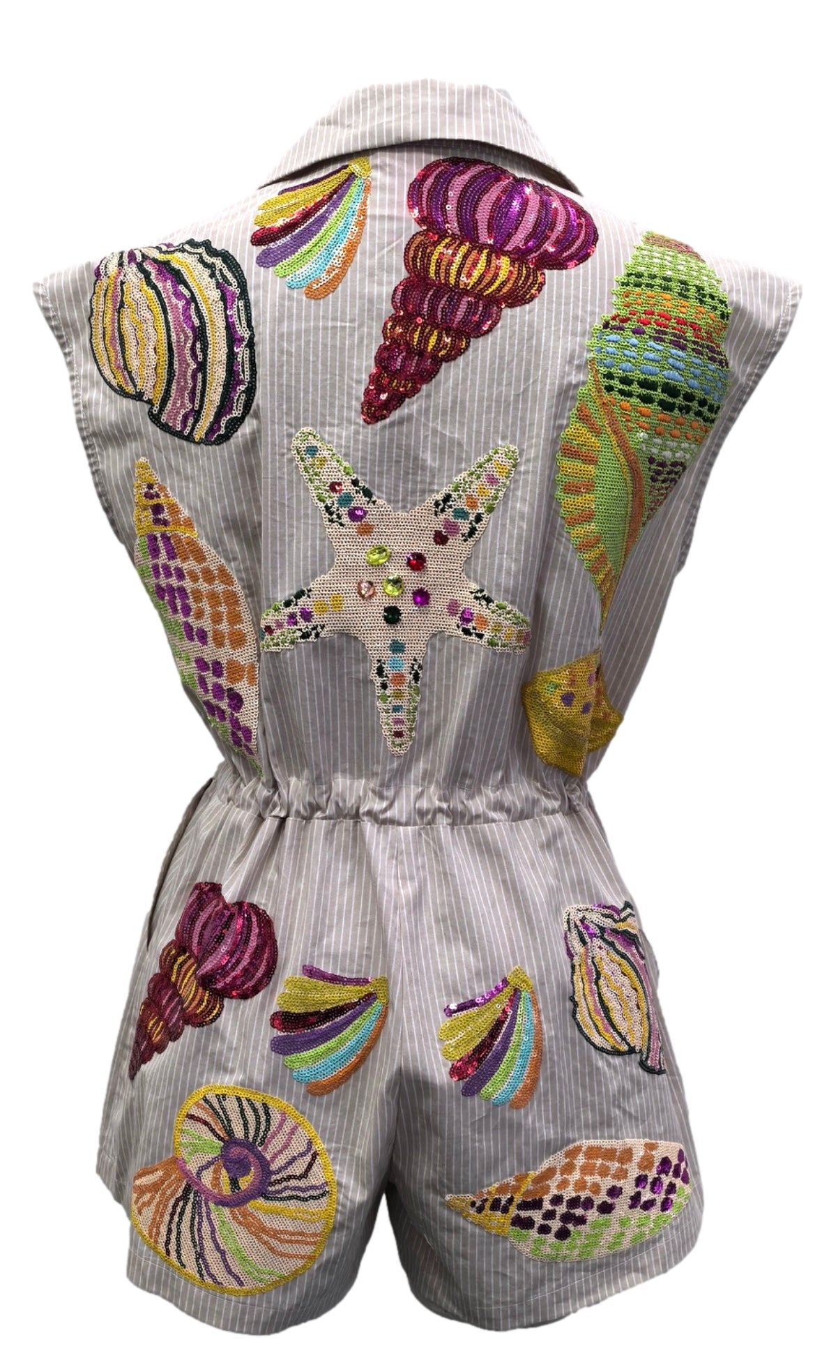 QOS Tan Stripe Multi Shell Tie Collar Romper