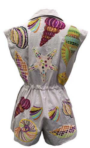 QOS Tan Stripe Multi Shell Tie Collar Romper