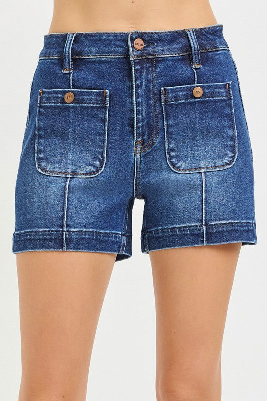 High Rise Patch Pocket Denim Shorts - Dark Wash