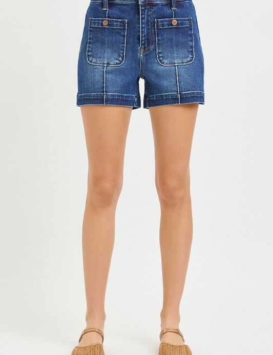 High Rise Patch Pocket Denim Shorts - Dark Wash